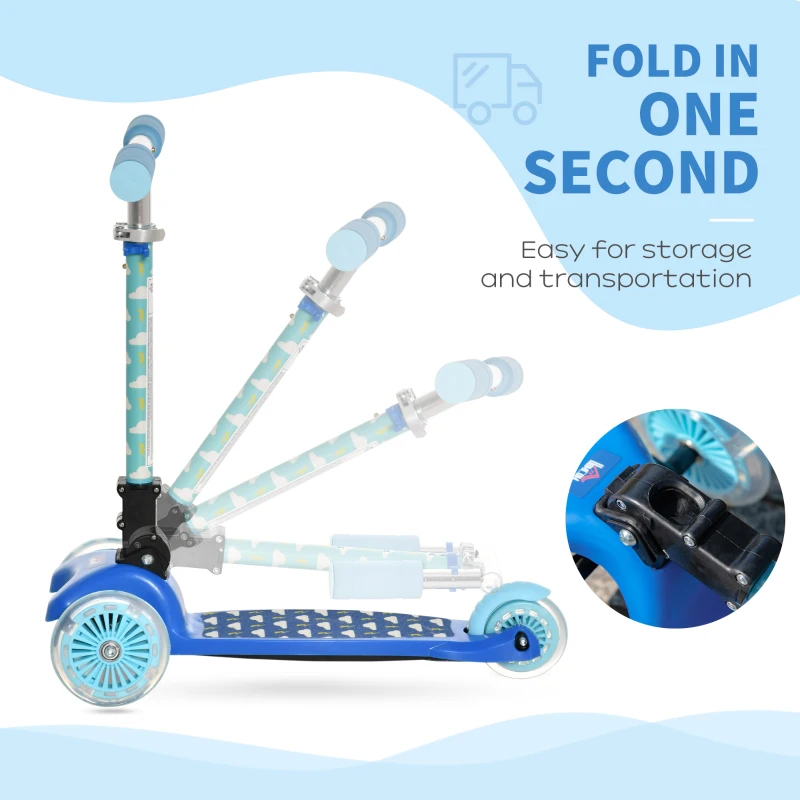 HOMCOM Kids 3 Wheel Scooter Foldable Toddler Kick Scooter Adjustable Height LED Flashing Wheels for Boys and Girls 3-8 Years Blue