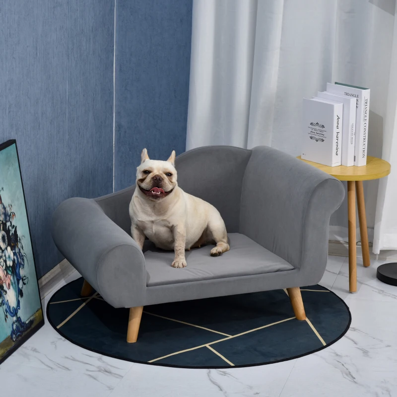 PawHut Canapé chien lit pour chien méridienne design scandinave coussin moelleux pieds bois massif dim. 82 x 55 x 49 cm velours gris