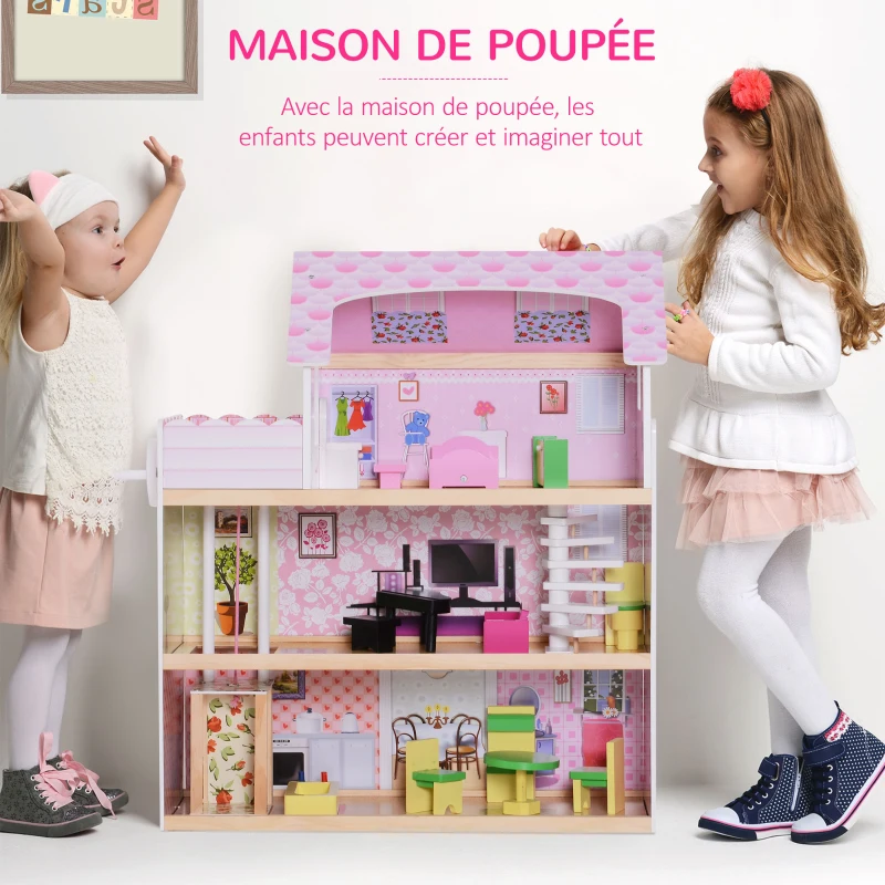 HOMCOM Maison de poupée en Bois Jeu d'imitation 3 Étages avec 13 Accessoires Grand réalisme Multi-équipements 60L x 30l x 71.5H cm Blanc Rose