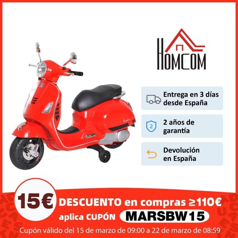HOMCOM Moto Eléctrica Infantil Coche Triciclo Vespa Scooter Eléctrico a Batería con Luz MP3 USB Bocina para Niños Más de 3 Años Carga 25kg Rojo(m-10)