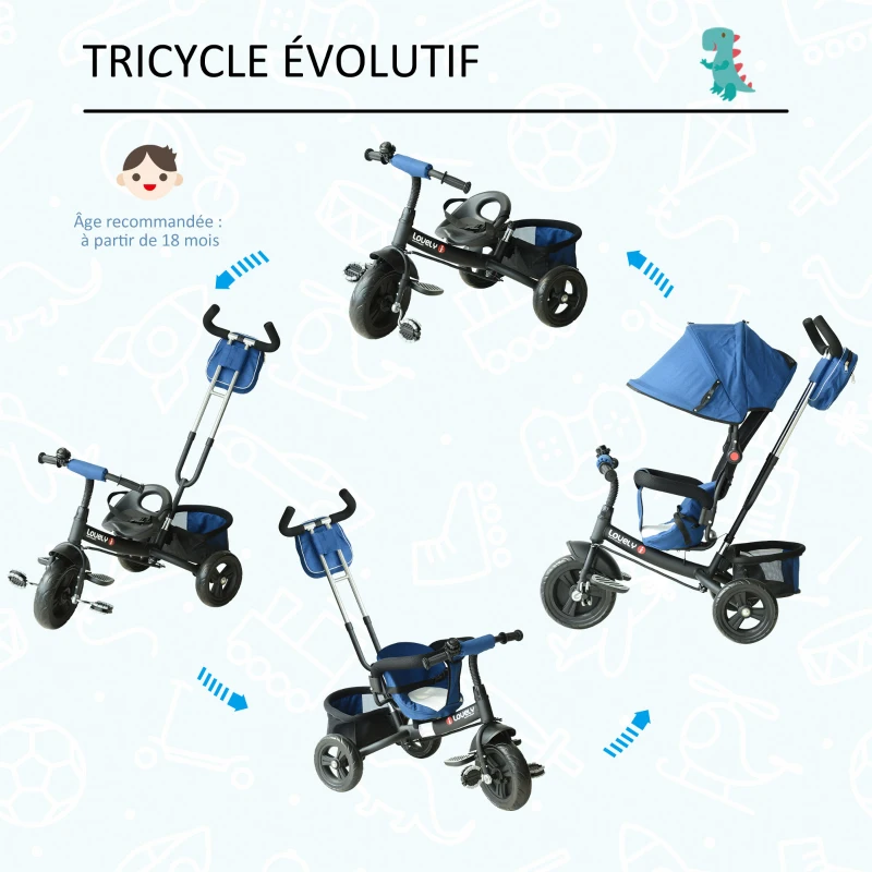 HOMCOM Tricycle Enfants évolutif Canne et Pare-Soleil Pliable Amovible Sacoche et Panier 102 x 49l x 102 cm Acier Bleu
