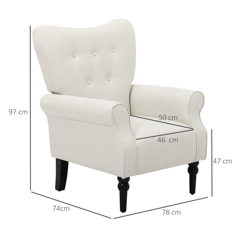 HOMCOM Fauteuil Classique Esprit bohème-Chic Dossier 5 Boutons accoudoirs courbés piètement Bois hévéa Noir revêtement Aspect Lin écru
