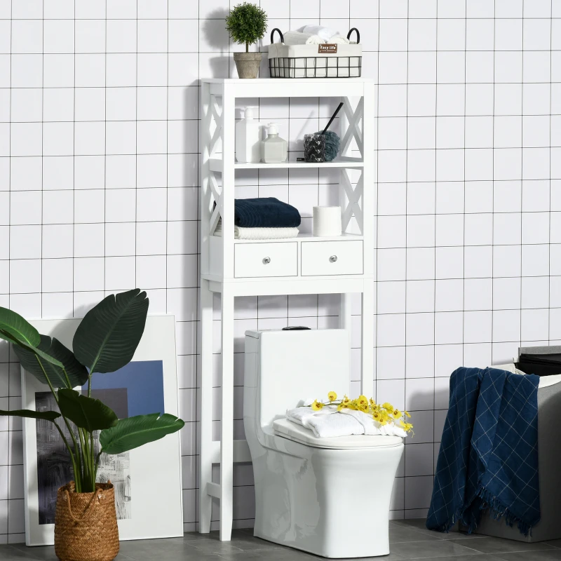 kleankin Estantería para Baño sobre Inodoro WC Lavadora Mueble con 3 Estantes y 2 Cajones con Dispositivo Antivuelco 60x20x165 cm Blanco
