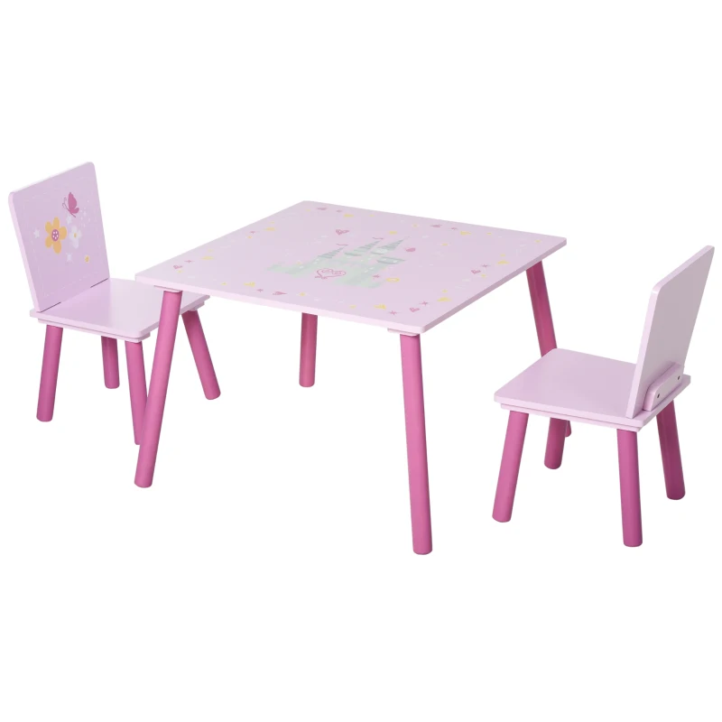 HOMCOM Ensemble Table et 2 Chaises Enfant Bureau pour Enfant Table de Jeu Design Princesse Motif château Bois pin MDF Rose