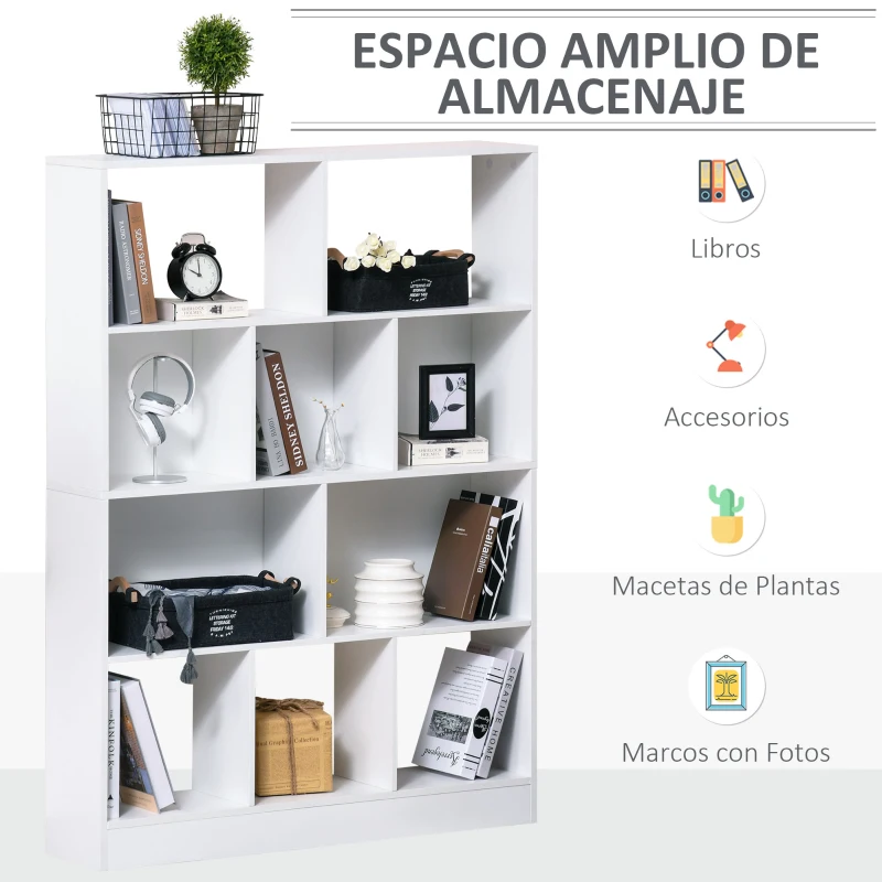 HOMCOM Estantería Librería de 4 Niveles con 10 Compartimentos Estantes de Almacenaje Multiusos para Libros Plantas 100x23,8x140 cm Blanco
