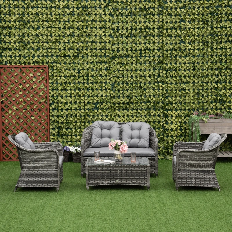 Outsunny 4 Pieces Outdoor PE Rattan Garden Furniture with Cushions, Aluminium Patio Wicker Conservatory Sofa Set with Glass Top Coffee Table, Mixed Grey