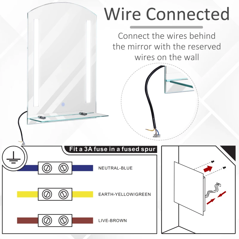 HOMCOM Miroir de Salle de Bain avec éclairage LED 50x70cm, Miroir Mural Lumineux, Interrupteur Tactile, étagère de rangement intégrée