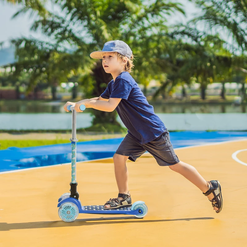 HOMCOM Kids 3 Wheel Scooter Foldable Toddler Kick Scooter Adjustable Height LED Flashing Wheels for Boys and Girls 3-8 Years Blue