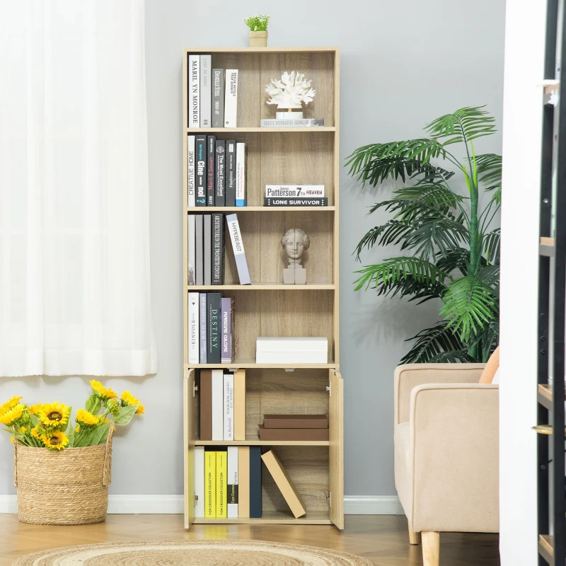 HOMCOM Estantería Librería Armario de Libros con 4 Compartimentos Abiertos y 2 Puertas para Salón Oficina 59x29x180 cm Natural