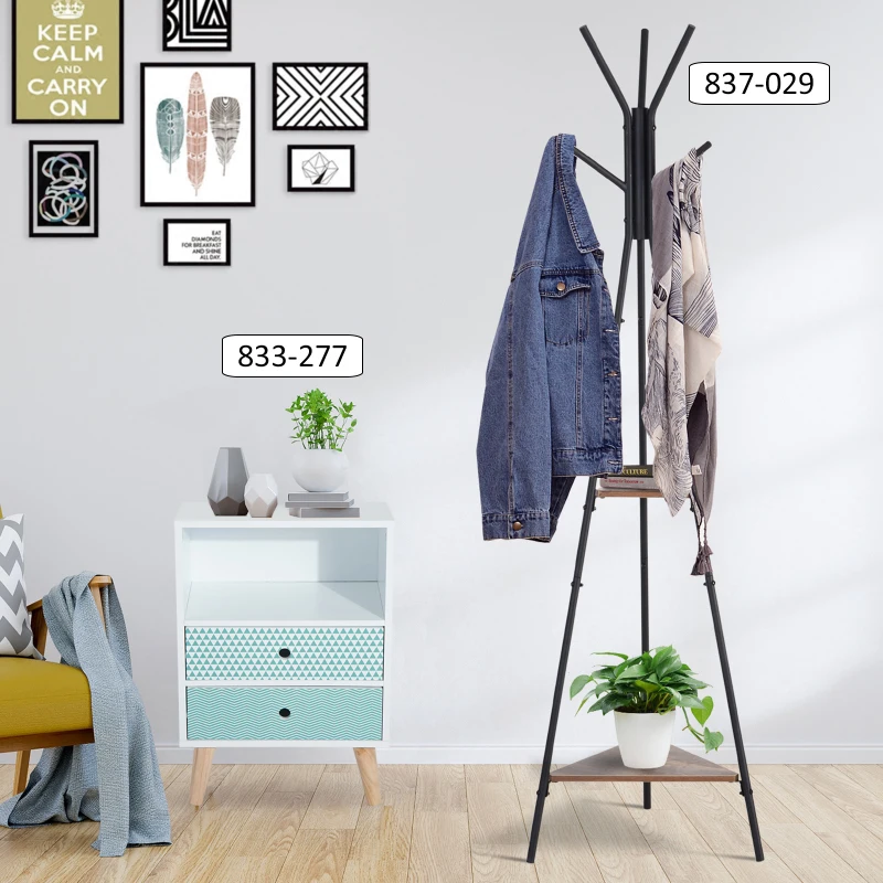 HOMCOM Perchero de Pie Metálico Perchero en Forma de Árbol Dormitorio Oficina para Colgar Ropa Bolsas Sombrero 6 Ganchos con 2 Estantes 32.5x45.5x182cm