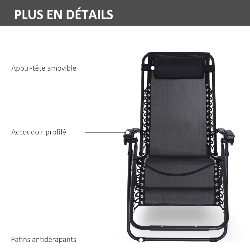 Outsunny Chaise Longue Pliable de Jardin zéro gravité tétière Acier textilène imperméable Noir