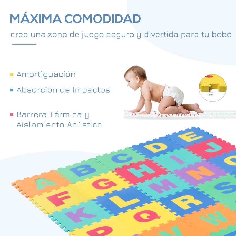 HOMCOM Alfombra Puzzle Infantil 40 Piezas de 31x31x1cm Juego Rompecabezas con 29 Letras Acento y Números 0 al 9 Colchoneta Suave para Niños 3,6 m² Espuma EVA