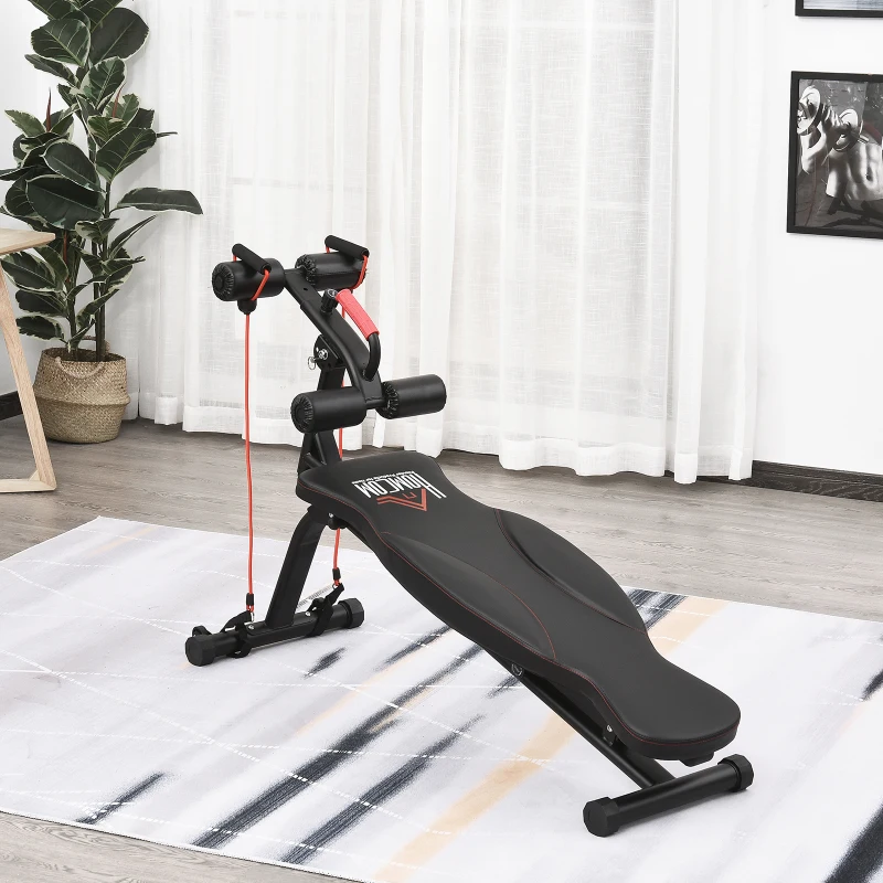 HOMCOM Banc de musculation pliable inclinable multifonction banc Fitness sit-up bandes d'extension latérales + poignée traction acier revêtement synthétique noir rouge