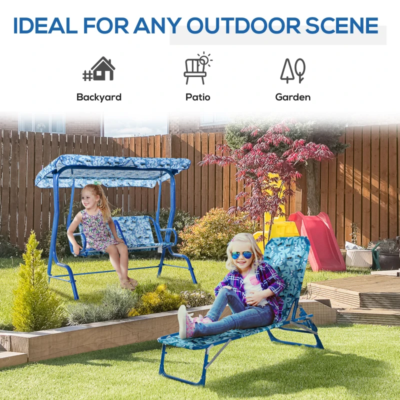 Outsunny 2 Seater Kids Swing Chair Double Garden Swing Seat w/ Belt Adjustable Canopy Fun Toddler Glider Hammock Lounge Backyard Blue