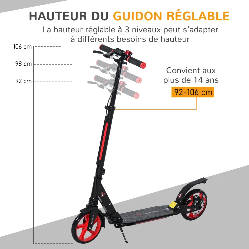HOMCOM Trottinette pliable adulte béquille frein disque arrière double système d'absorption de choc hauteur guidon réglable 3 niv. alu. ABS rouge noir