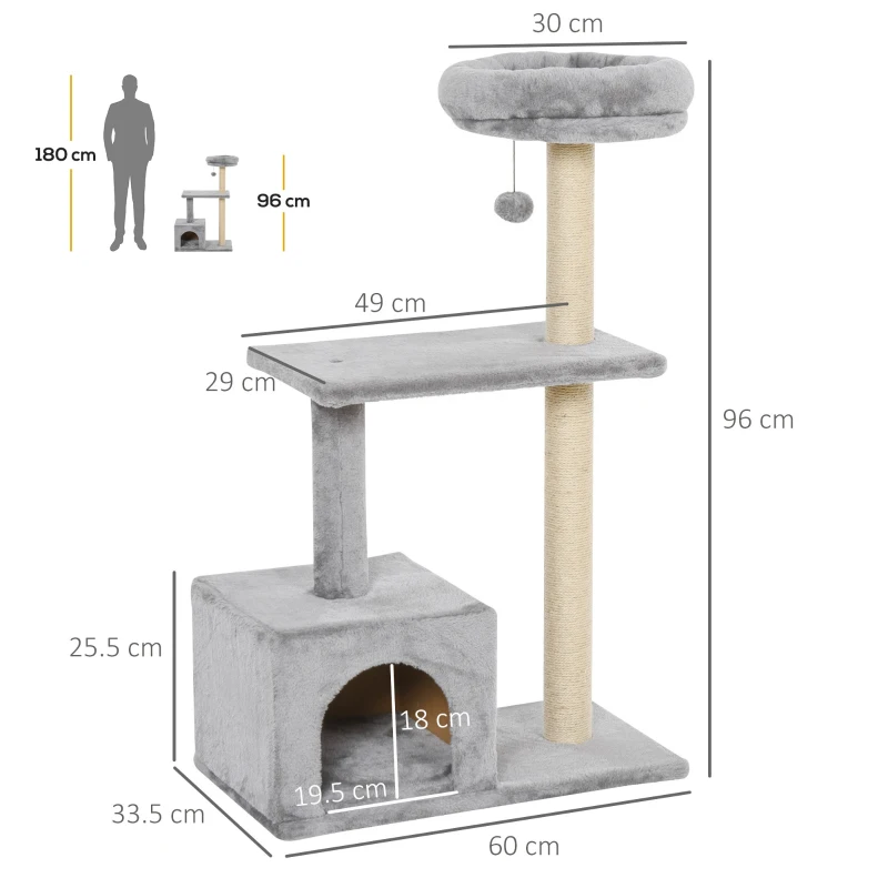 PawHut 96cm Cat Tree for Indoor Cats Condo Sisal Scratching Post Cat Tower Kitten Play House Dangling Ball Activity Center Furniture Grey