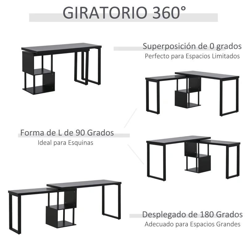 HOMCOM Mesa Escritorio en L Mesa para Oficina Giratoria 360 Grados Múltiples Formas con Estante en S de 2 Niveles Gran Espacio de Almacenaje 220x55x76 cm Negro