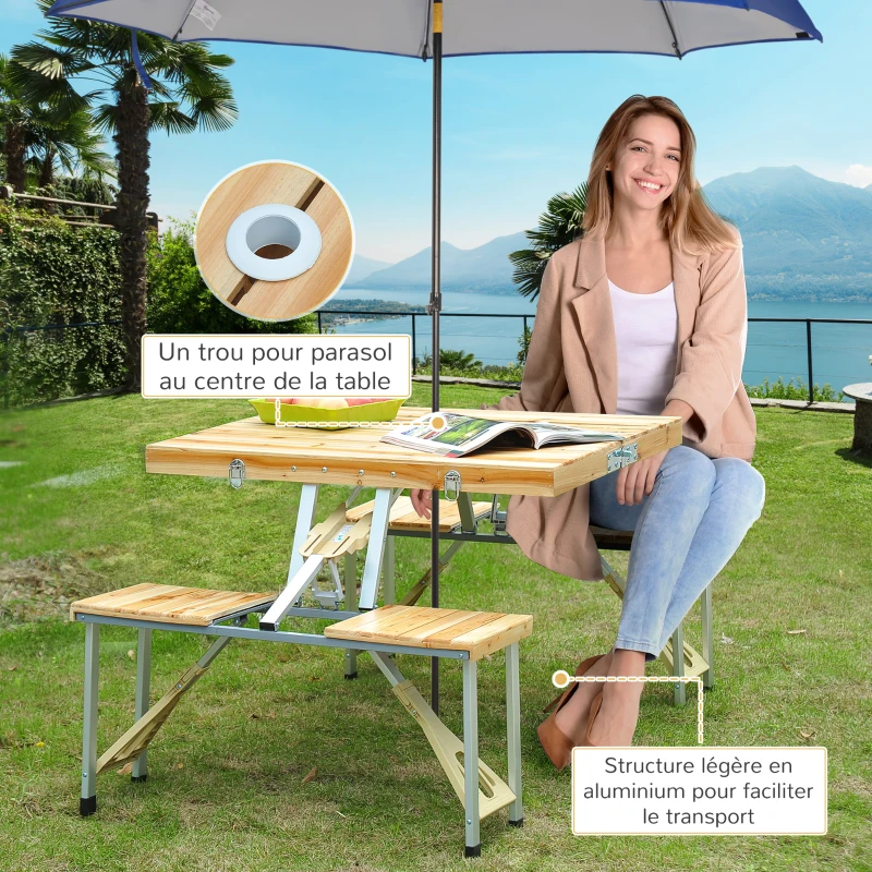 HOMCOM Table de Camping Jardin Pique-Nique Pliante en Bois avec 4 sieges
