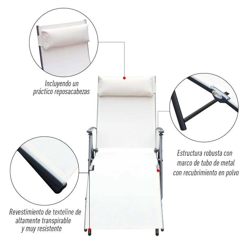 Outsunny Tumbona de Jardín Plegable con Respaldo Ajustable en 7 Niveles Almohada y Reposabrazos 137x63,5x100,5 cm Beige