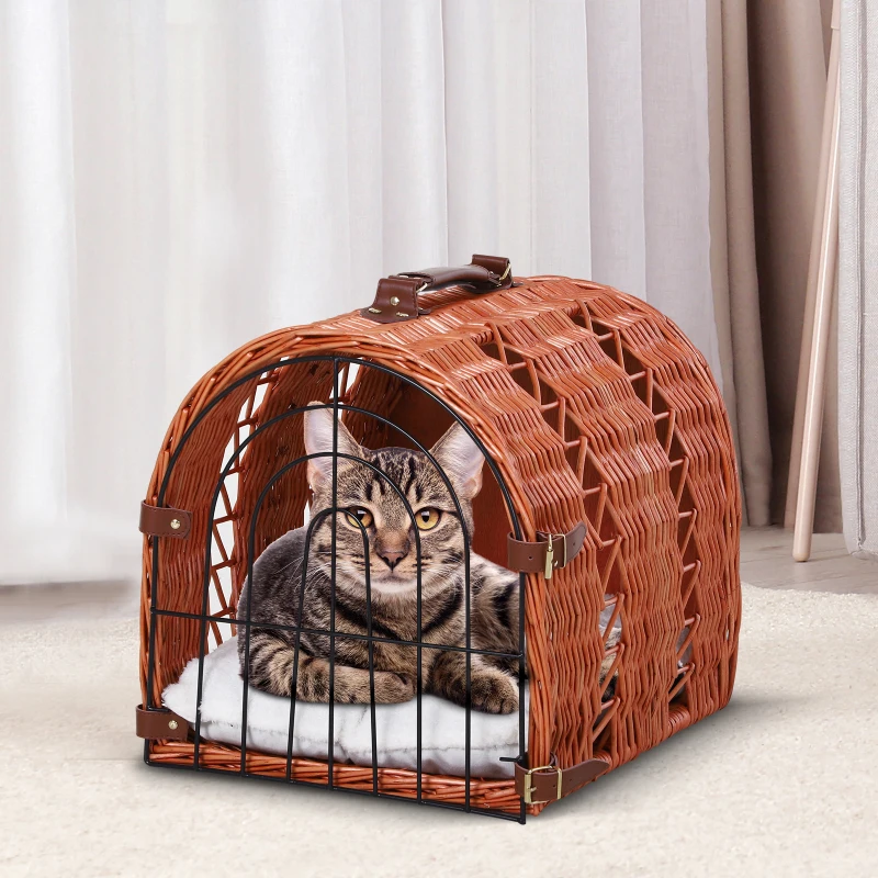 PawHut Wicker Cat Carrier Basket Kitten Bed Portable Pet Caves Houses w/ Soft Cushion 37 x 29 x 28 cm Orange
