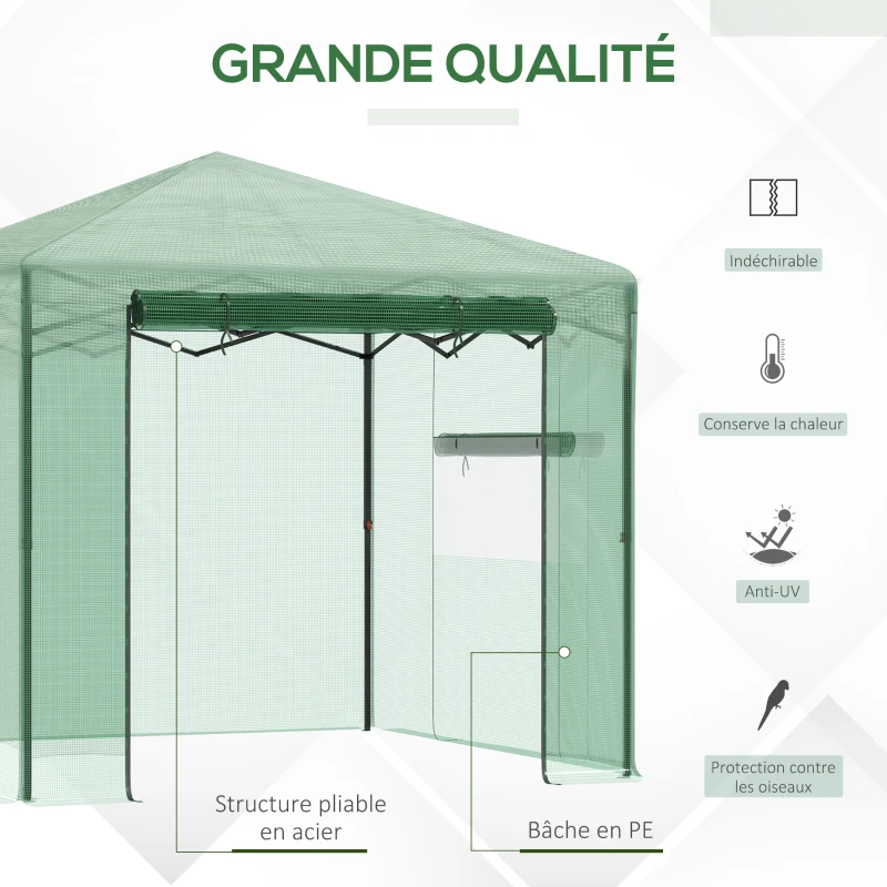 Outsunny Serre Pop-up - Serre de Jardin Pop-up - Porte + 2 fenêtres zippées enroulables - dim. 2,4L x 2,4l x 2,4H cm - Sac Transport Inclus - PE Vert