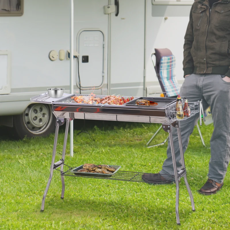 Outsunny Barbecue à Charbon Pliable Portable BBQ Grill sur Pied avec étagères + Grille + Plaque Cuisson dim. 104L x 33l x 70H cm Acier INOX.