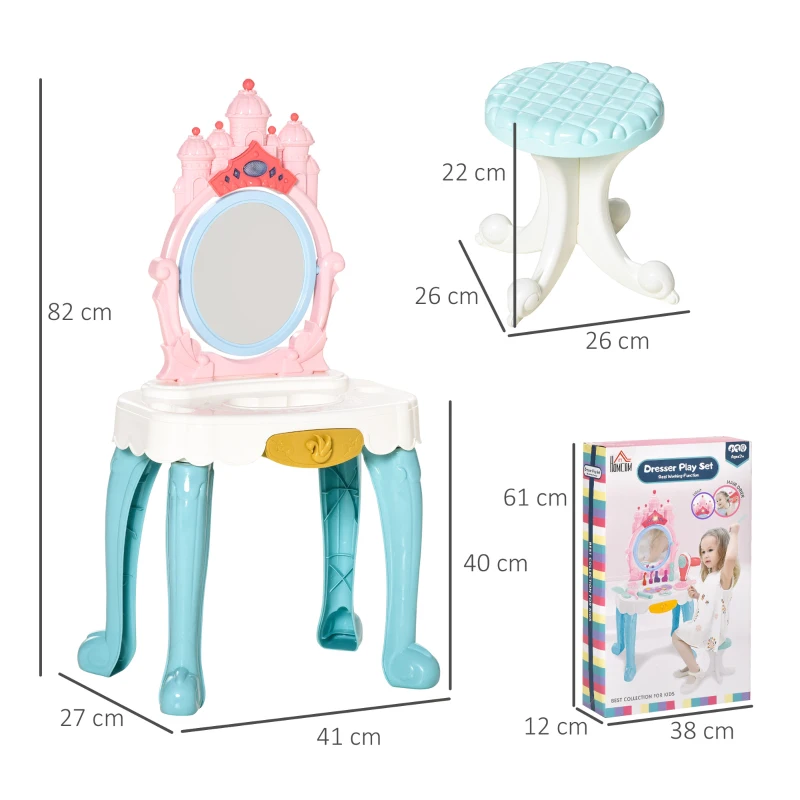 HOMCOM Coiffeuse Enfant avec Tabouret Design château de Princesse - Effets Lumineux et sonores - 12 Accessoires - ABS PP Multicolore