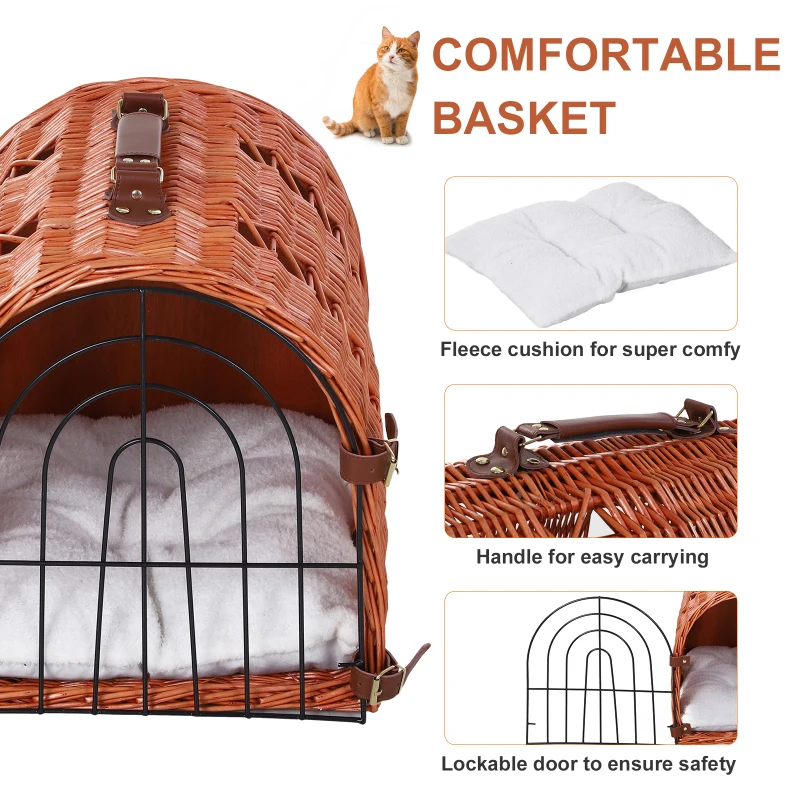 PawHut Wicker Cat Carrier Basket Kitten Bed Portable Pet Caves Houses w/ Soft Cushion 37 x 29 x 28 cm Orange