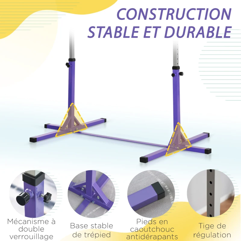 HOMCOM Barre fixe de gymnastique pour enfant, hauteur réglable 13 niveaux de 92-150 cm, acier et bois en hêtre, barre d'entrainement de gymnastique à domicile, antidérapant, facile à assembler, violt