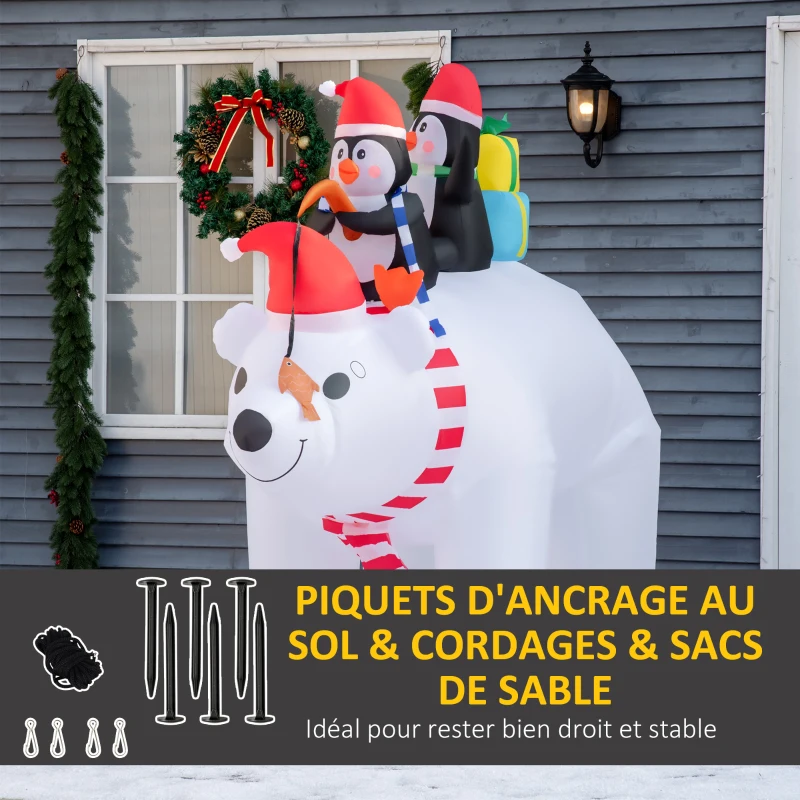 HOMCOM Ours Polaire Gonflable de Noël avec Lumières LED 206cm Décoration Gonflable de Noël Imperméable avec 2 Pingouins
