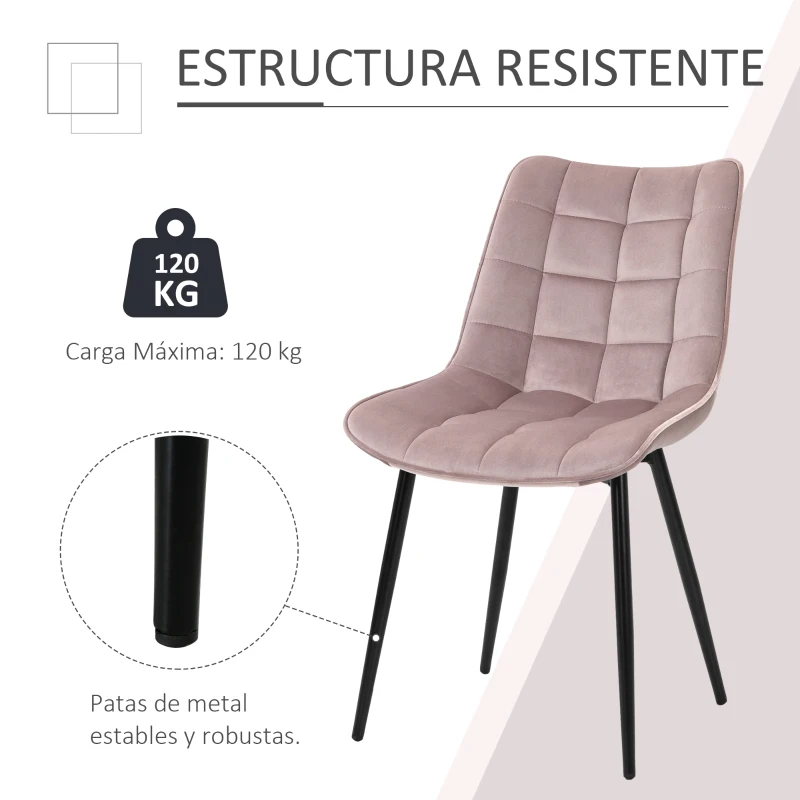 HOMCOM Conjunto de 2 Sillas de Comedor Tapizadas en Terciopelo Acolchadas con Patas de Metal de Estilo Nórdico y Vintage 46x58,5x85,5 cm Rosa