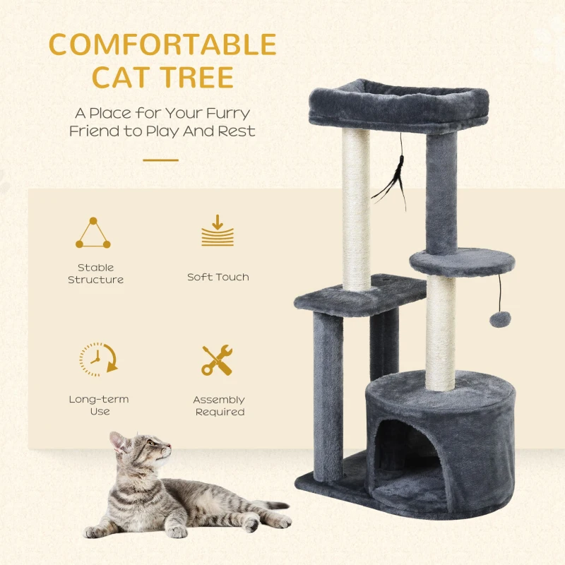 PawHut Cat Multi-Activity Tree Tower w/ Perch House Scratching Post Platform Play Ball Plush Covering Play Rest Relax Grey White