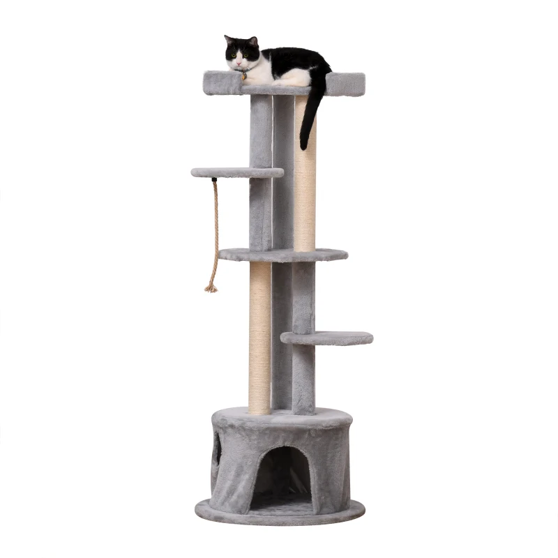 PawHut Cat Tree for Indoor Cats Kitten Tower Multi-level Activity Centre Pet Furniture with Scratching Post Condo Hanging Ropes Plush Perches Grey