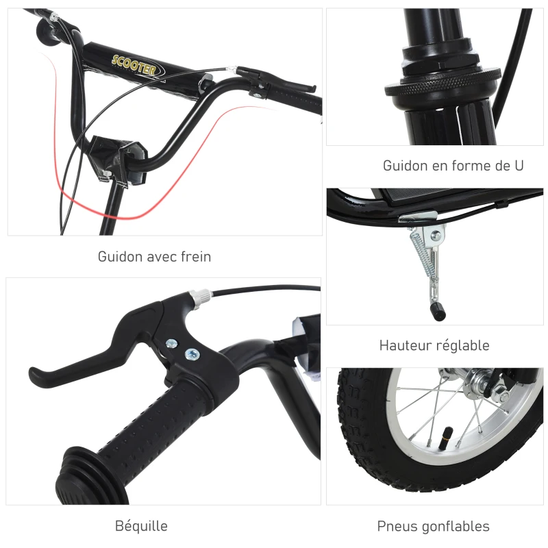 HOMCOM Trottinette enfants, grandes roues pneumatiques 12 pouce en caoutchouc, charge 100 kg, trottinette tout terrain avec double freins, hauteur réglable et béquille latérale, 5 à 12 ans, noir(m-6)