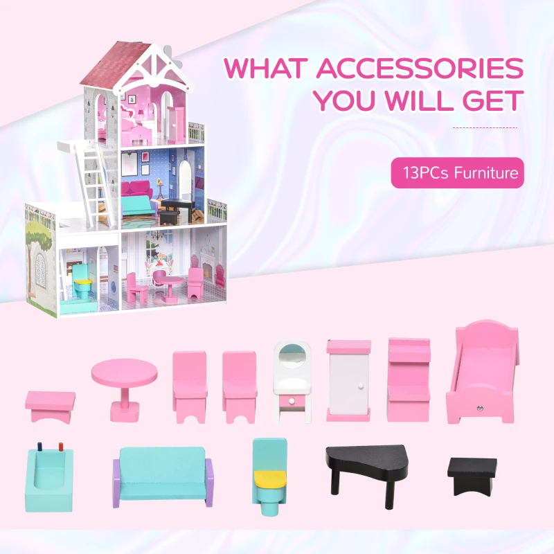 HOMCOM Kids 3 Storey Dollhouse with Furniture Accessories for Toddler Girls Aged 3-6 Years Pink
