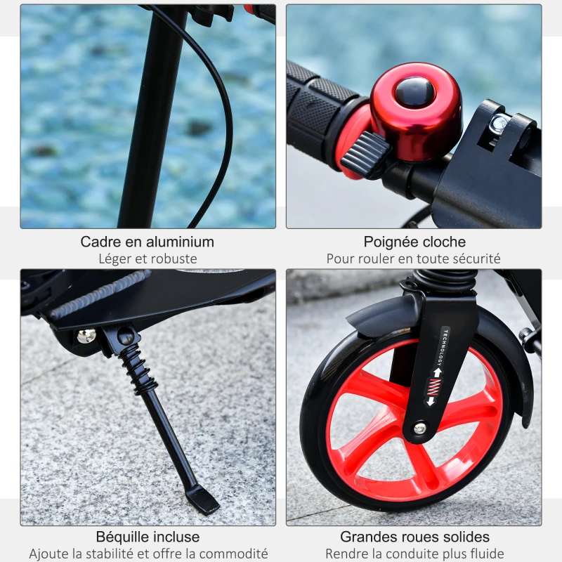 HOMCOM Trottinette pliable adulte béquille frein disque arrière double système d'absorption de choc hauteur guidon réglable 3 niv. alu. ABS rouge noir