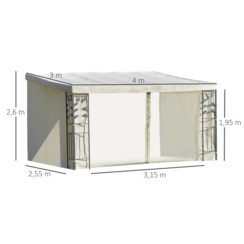 Outsunny Pergola adossable dim. 4L x 3l x 2,7H m pavillon de jardin toile polyester haute densité moustiquaires crème structure métal époxy gris