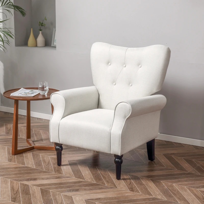 HOMCOM Fauteuil Classique Esprit bohème-Chic Dossier 5 Boutons accoudoirs courbés piètement Bois hévéa Noir revêtement Aspect Lin écru