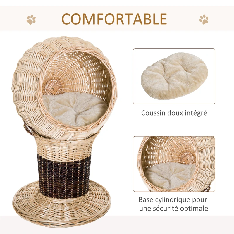 PawHut Panier chat lit chat cosy grand confort  44L x 44l x 67H cm coussin moelleux inclus osier beige marron
