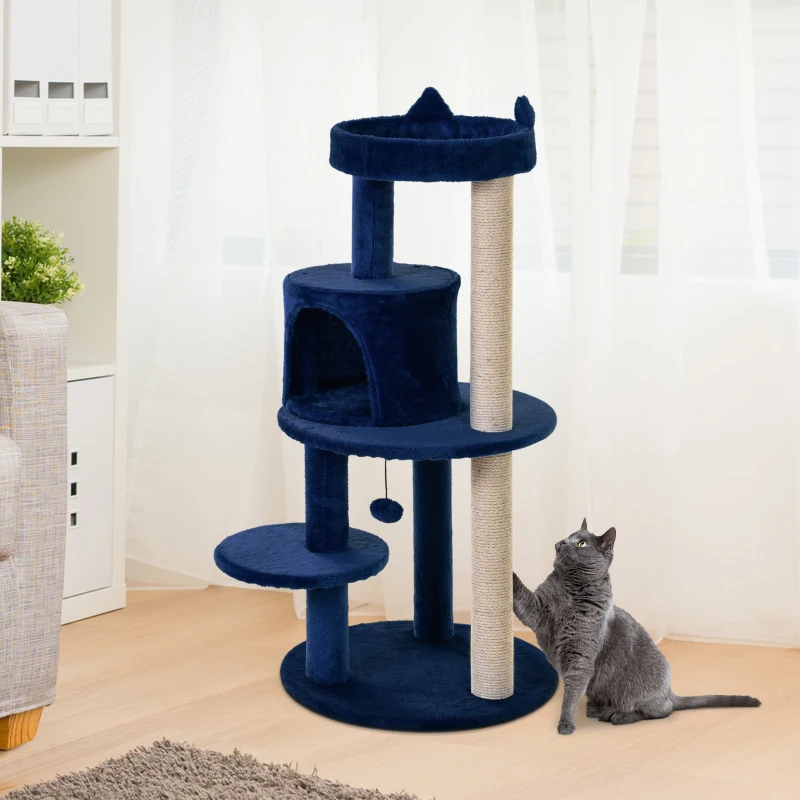 PawHut 104 cm Cat Tree, Cat Condo Tree Tower, Cat Activity Centre with Scratching Posts, Plush Perches, Hanging Ball - Blue