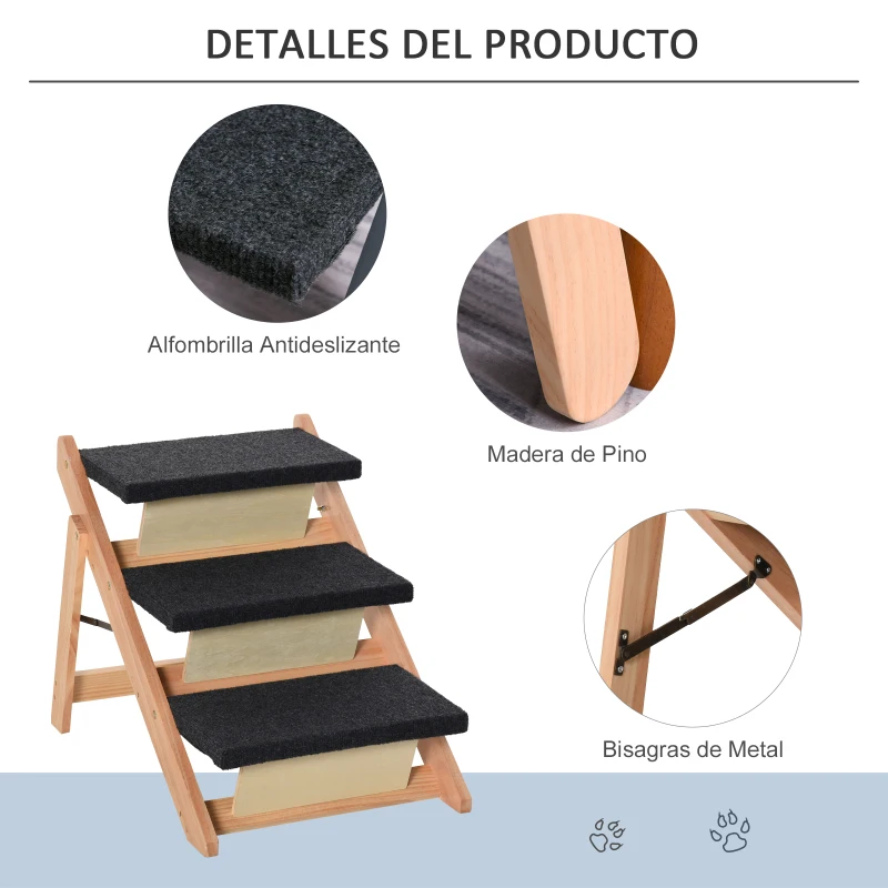PawHut Escalera de Madera para Perros Plegable 2 en 1 Rampa para Mascotas Portátil con 3 Escalones para Acceso al Sofá y Cama Alta 60x47x50 cm Negro y Natural