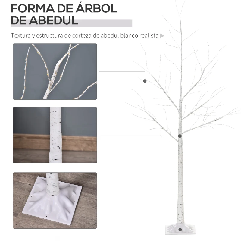 Outsunny Árbol de Abedul 150 cm con 210 Luces LED en Blanco Cálido Ramas Flexibles y Base para Decoración 20x20x150 cm Blanco