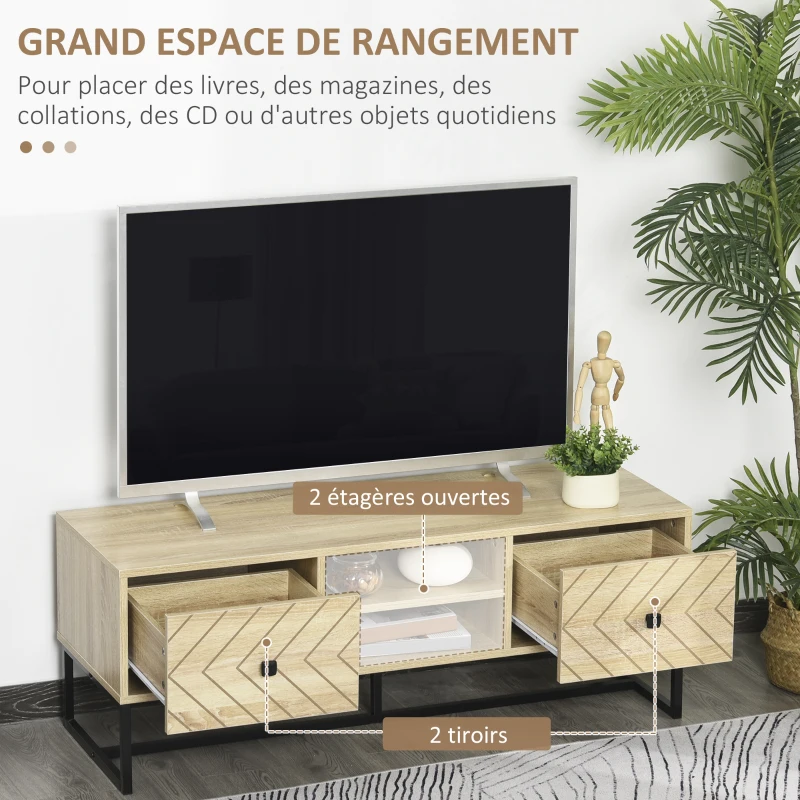 HOMCOM Meuble TV 2 tiroirs 2 niches de rangement bois et pieds en métal dim. 120L x 39l x 44,5H cm