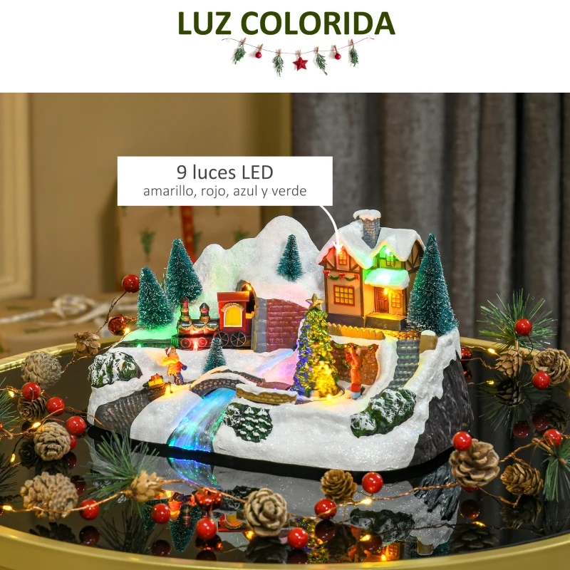 HOMCOM Pueblo Navideño Escena Navideña Iluminado con Luces LED Árbol de Navidad Música y Tren Móvil Decoración Navideña sobre Mesa 30x19x19,5 cm Multicolor
