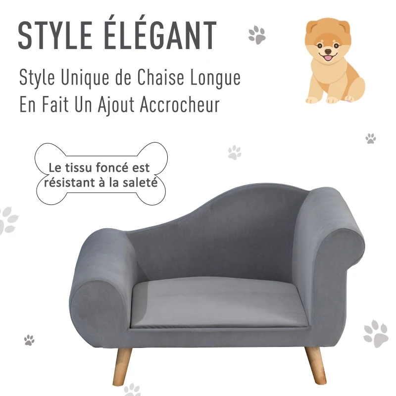 PawHut Canapé chien lit pour chien méridienne design scandinave coussin moelleux pieds bois massif dim. 82 x 55 x 49 cm velours gris