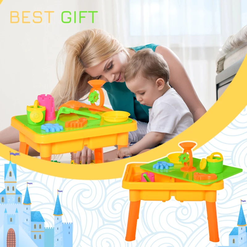HOMCOM 16 Pcs Sand and Water Play Table Sand Pit Beach Toy Set 2 in 1 Outdoor Activities Playset with Lid and Accessories for 3 Years Old