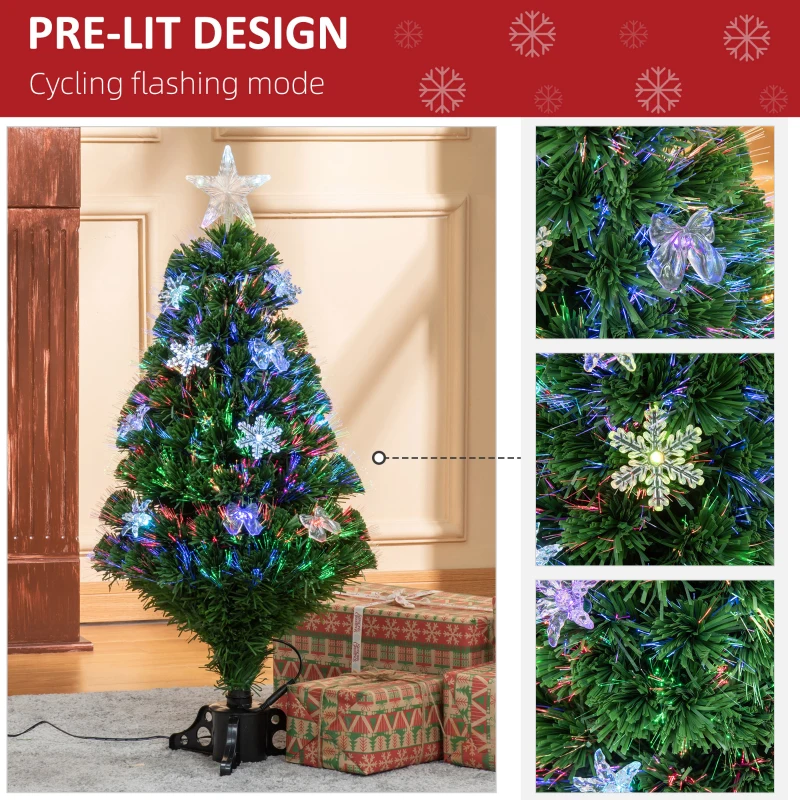 HOMCOM 3FT Prelit Artificial Christmas Tree Fiber Optic LED Light Holiday Home Xmas Decoration Tree with Foldable Feet, Green