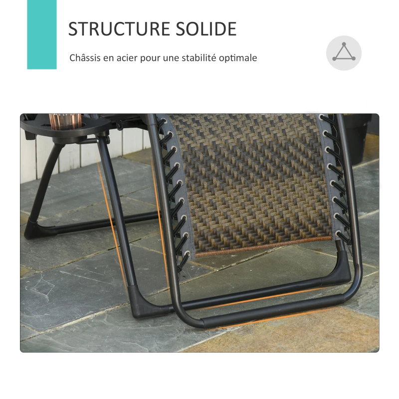 Outsunny Chaise longue pliable de jardin zéro gravité plateau porte gobelet accessoires tétière acier résine tressée gris