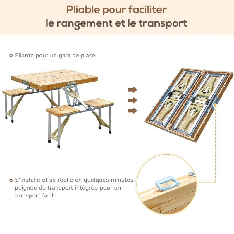 HOMCOM Table de Camping Jardin Pique-Nique Pliante en Bois avec 4 sieges