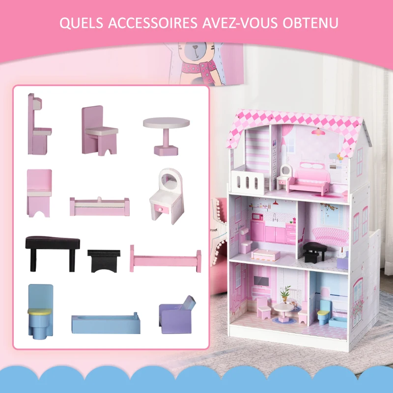 HOMCOM Cuisine Bois Jeu d'imitation - Maison de poupée Cuisine Enfant 2 en 1 - Nombreux Accessoires & rangements Inclus - MDF pin Rose Blanc